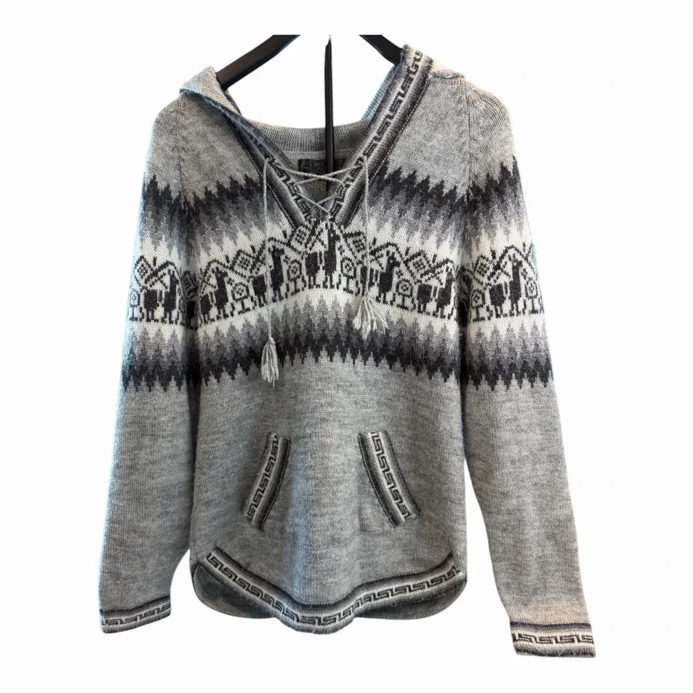 Arte Inka Berfas Alpaca Hooded Fair Isle Lace Up Sweater Peru Women's Gray Med